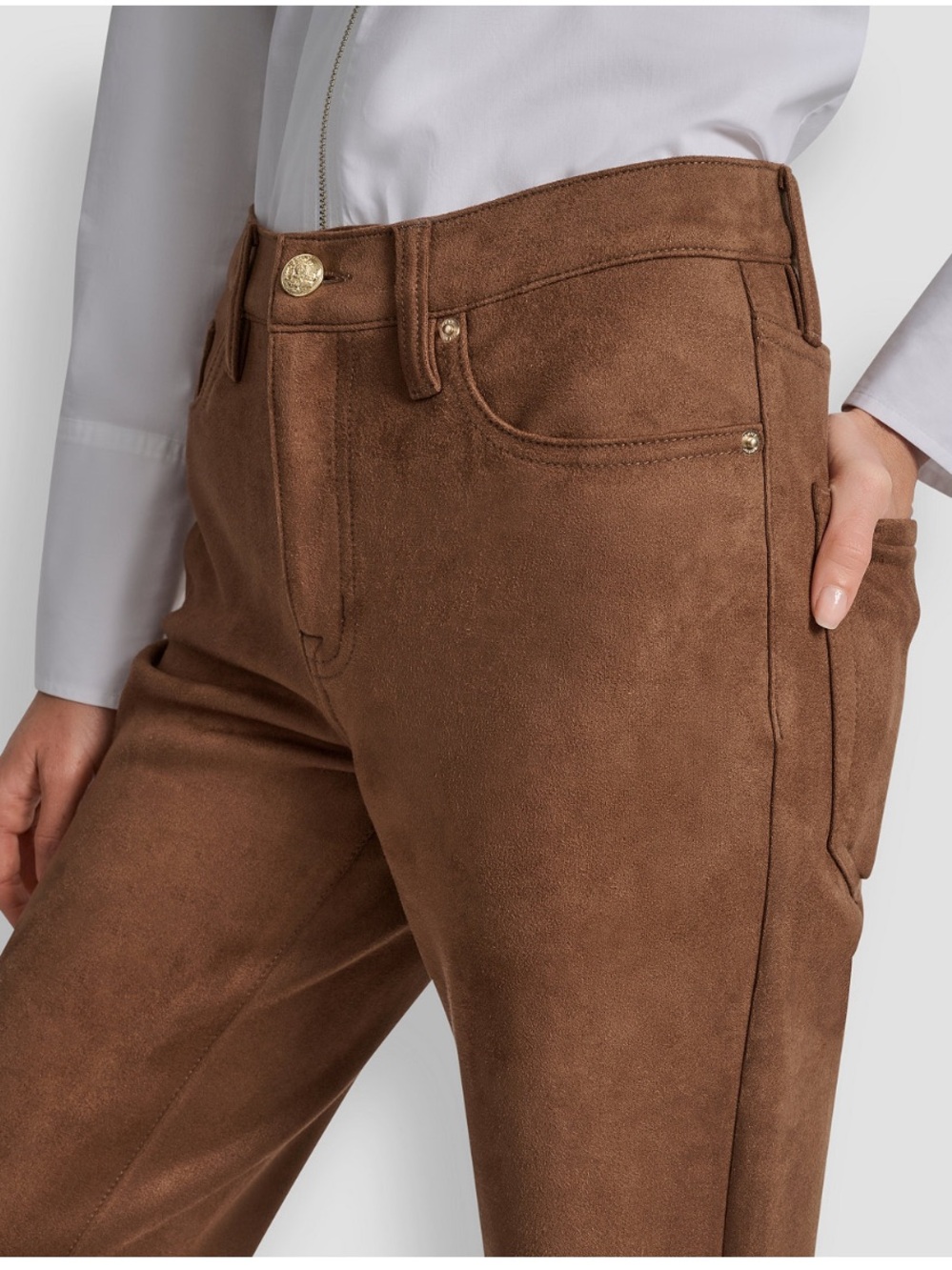 DKNY Women's Mid Rise Straight Suede Pants in Burnt Sugar Brown Polished NWT - Picture 3 of 12